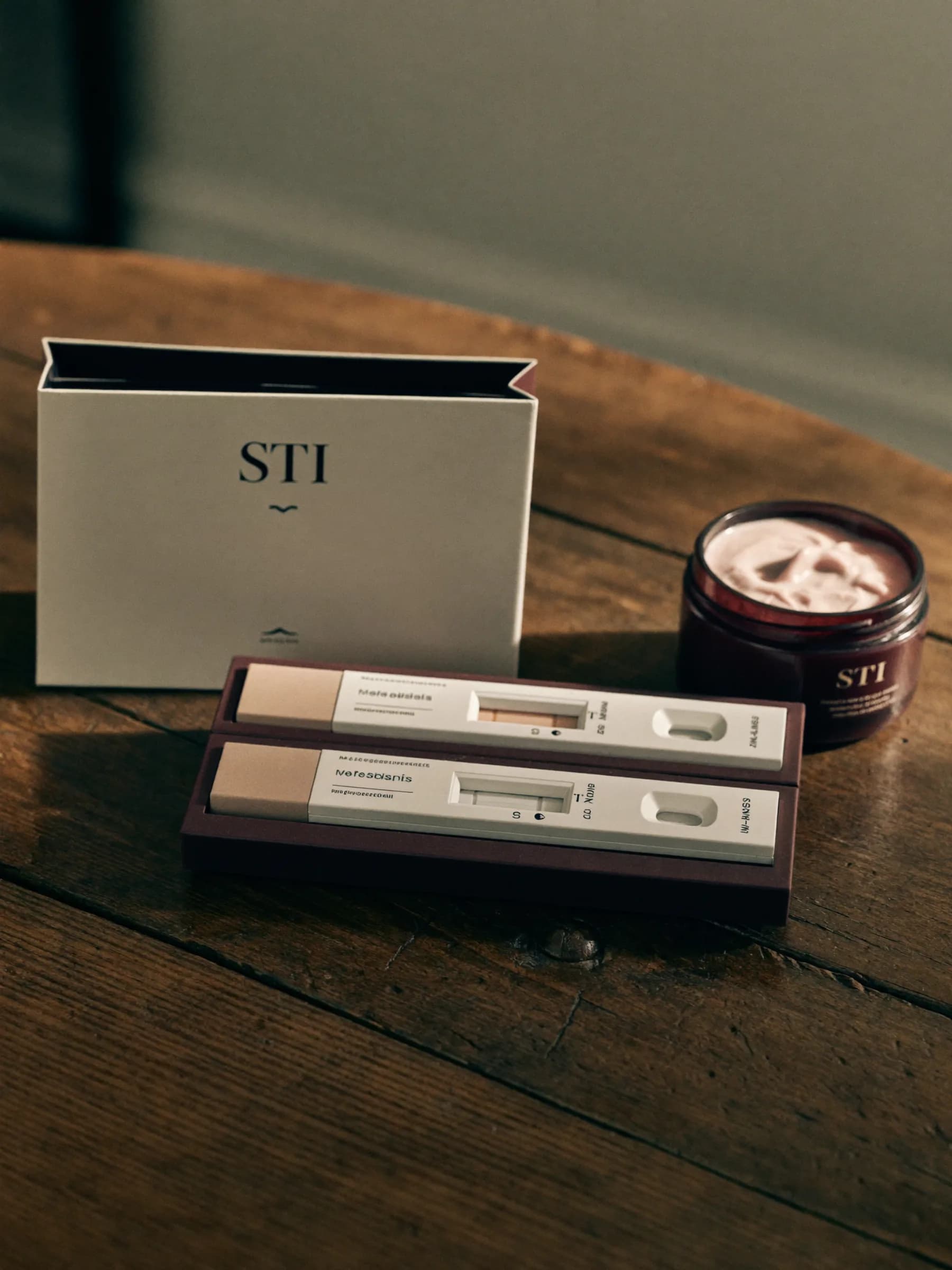 Diskretes STI-Testkit auf Holztisch