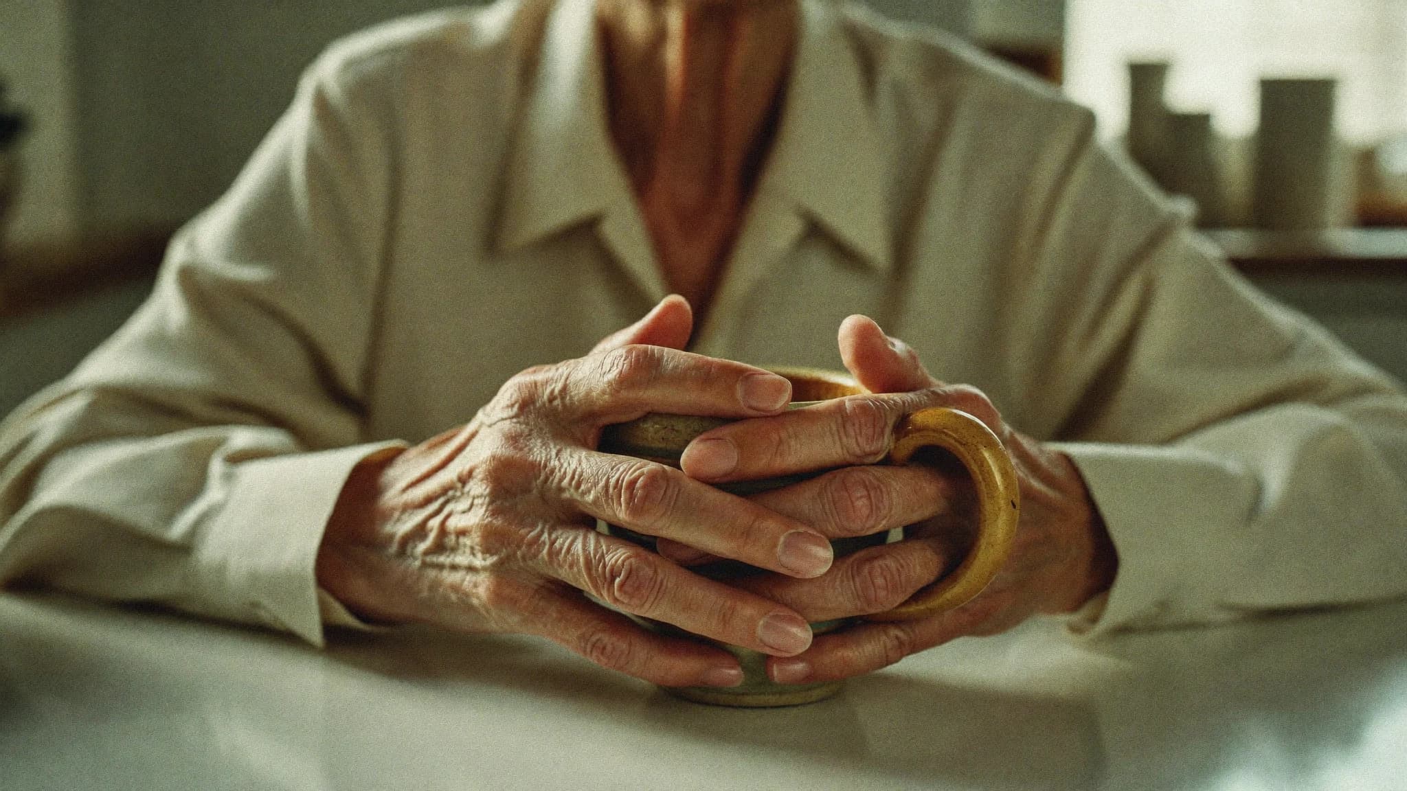 Ältere Person hält eine warme Tasse mit beiden Händen — symbolisch für den bewussten Umgang mit Gelenkbeschwerden