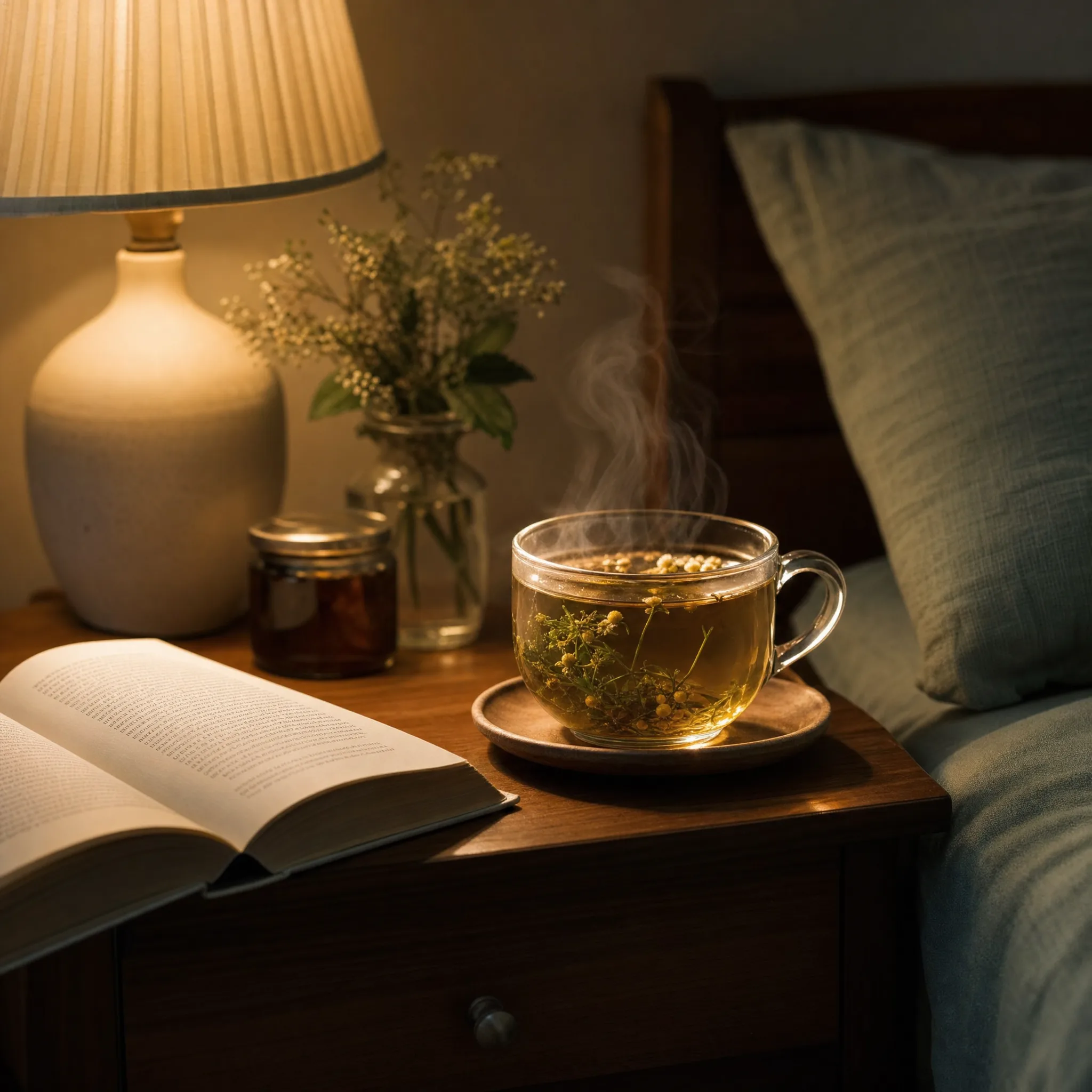 Kräutertee und Buch am Abend — symbolisch für natürliche Schlafunterstützung
